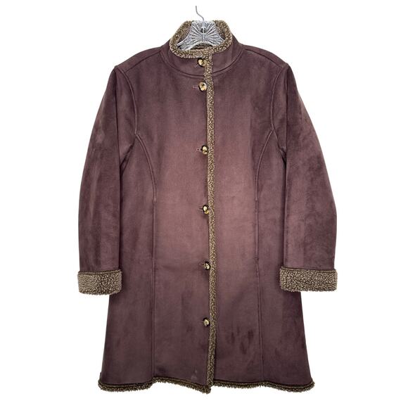 Vintage L.L. Bean Faux Shearling Suede Coat Brown Sherpa Lined XS Petite - Picture 1 of 14
